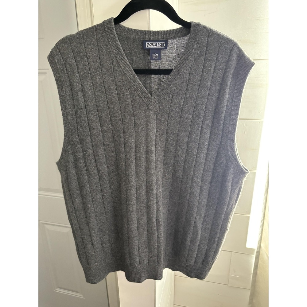 Lands End Sweater Vest Mens Large Gray 100% Cashmere V Neck Knit Sleeveless
